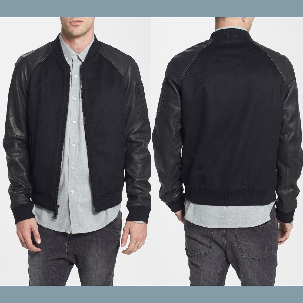 NEW $495 Rogue [ XXL ] Wool Bomber Jacket with Leather Sleeves in‎ Black